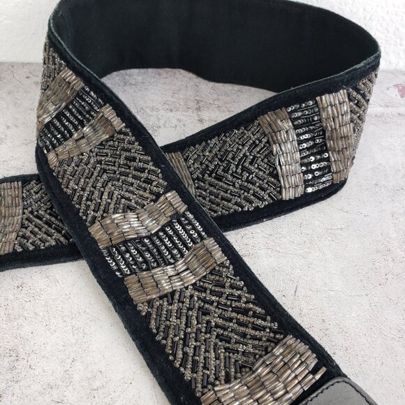 Vintage Beaded Leather Belt L/XL Metallic Bohemian Sequins Evening Festival main image 5